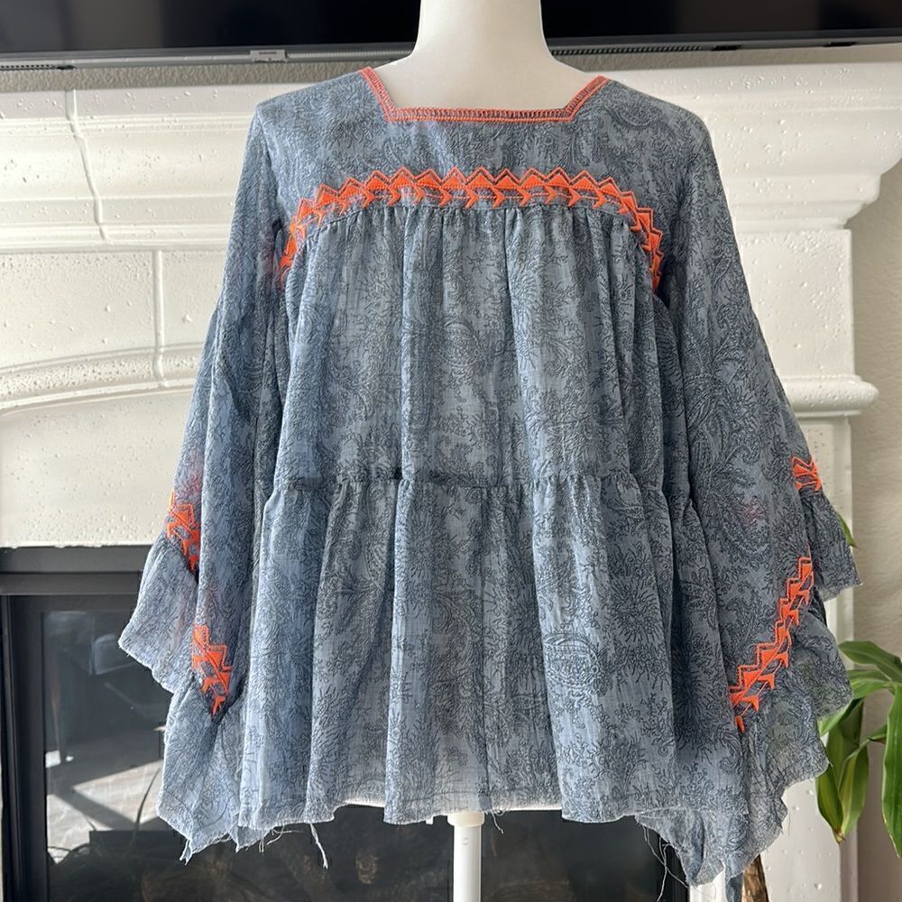 NWT Cousin Earl Lagenlook Florentine Blue Orange Bell SleevesTop Oversized Boho